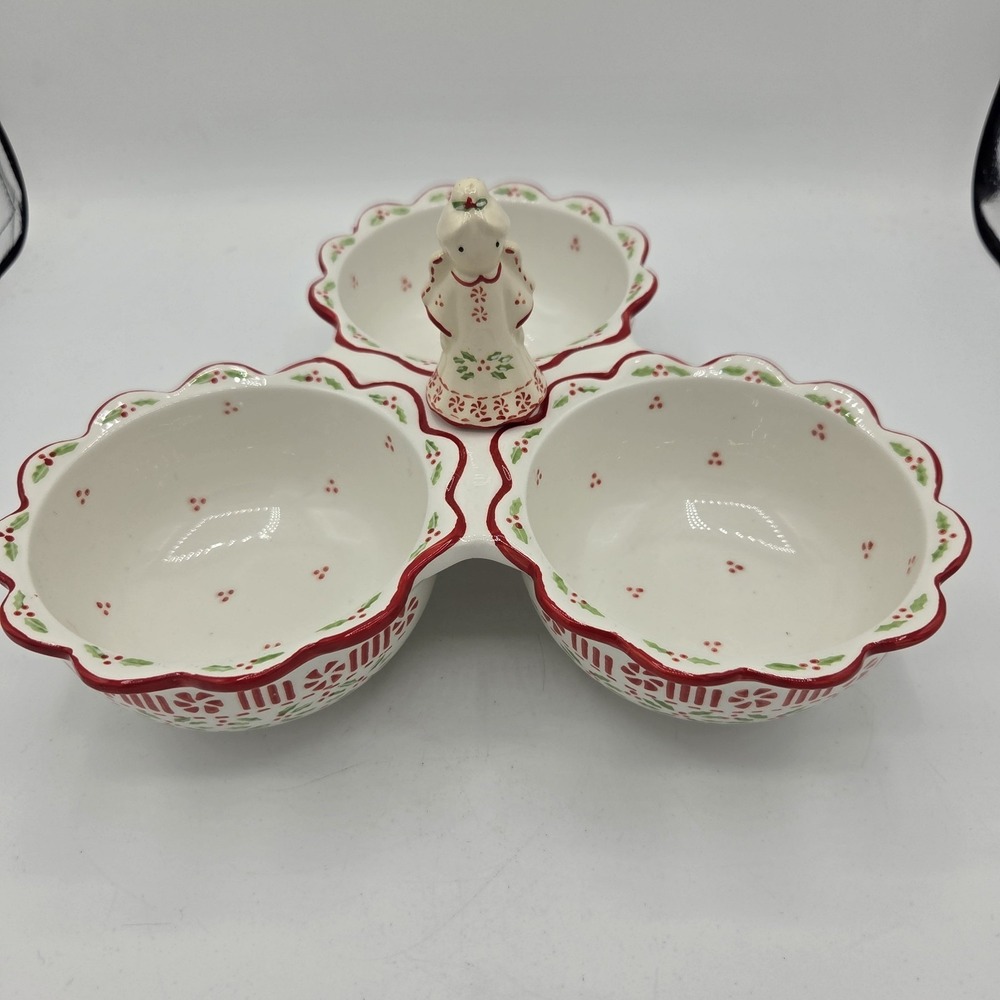 Temp-tations By Tara Holly Peppermint Three Dip/Cheese Bowls With Angel Spreader